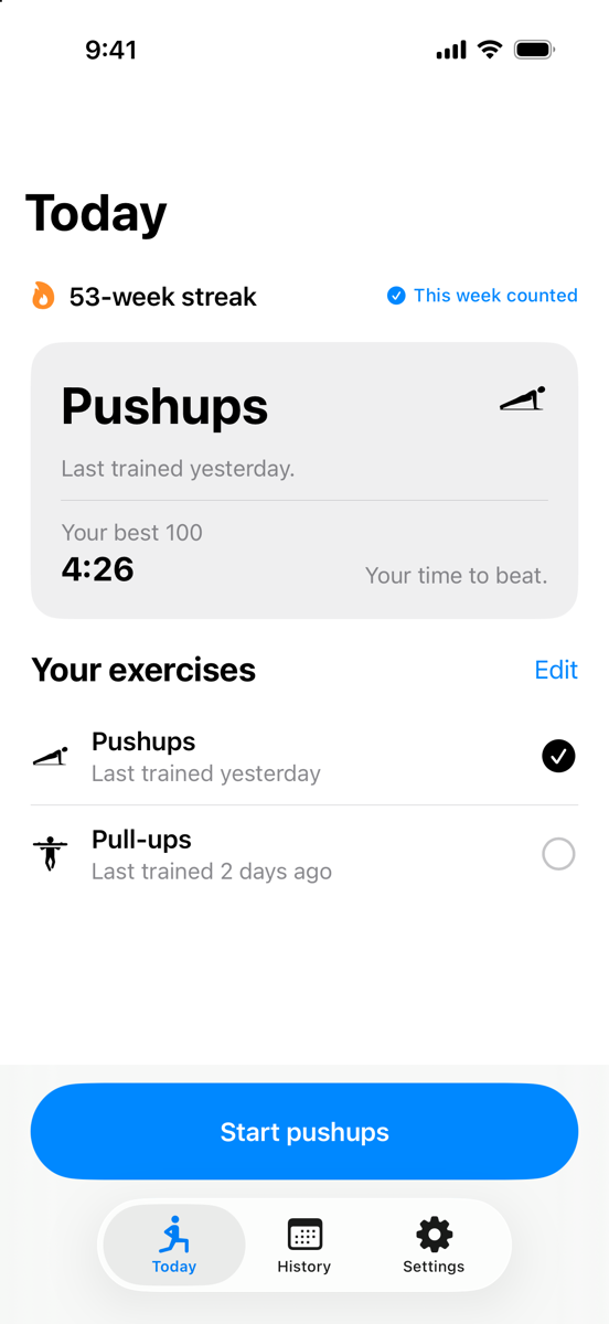 The Today screen: a 53-week streak with this week counted, a Pushups card showing a best 100 of 4:26, a list of the exercises you train, and a Start pushups button.