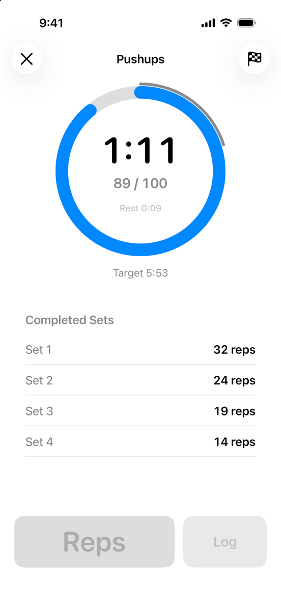 A pushups session in progress: a ring around an elapsed time of 1:11, 89 of 100 reps done, a rest readout of 9 seconds, a target of 5:53, and four completed sets listed below.
